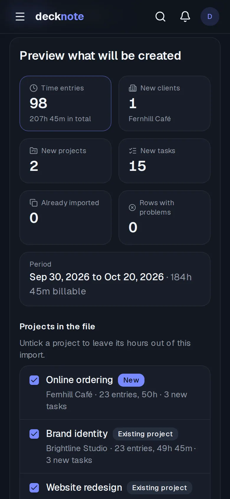 The import preview on a phone: counts of what will be created and the projects in the file
