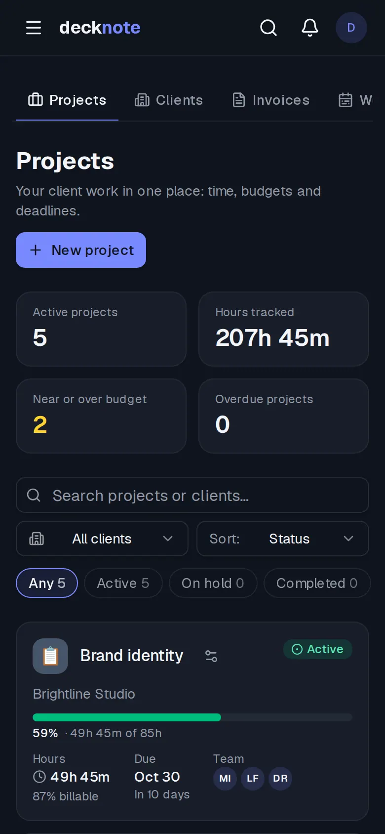 The Decknote projects list on a phone: projects as cards with hours, budget bar and due date