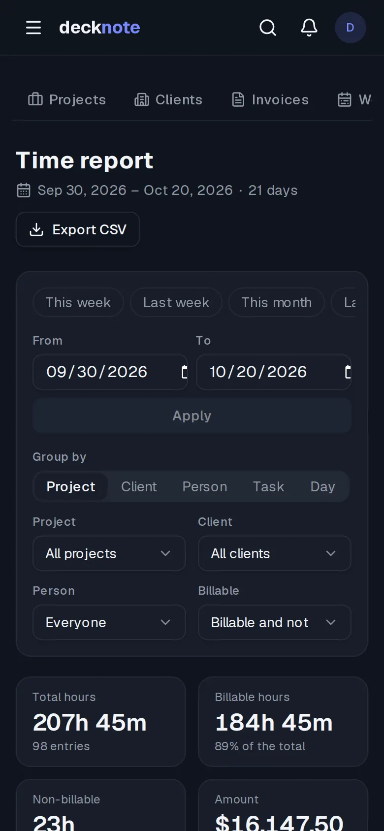 A time report on a phone: totals and one card per project