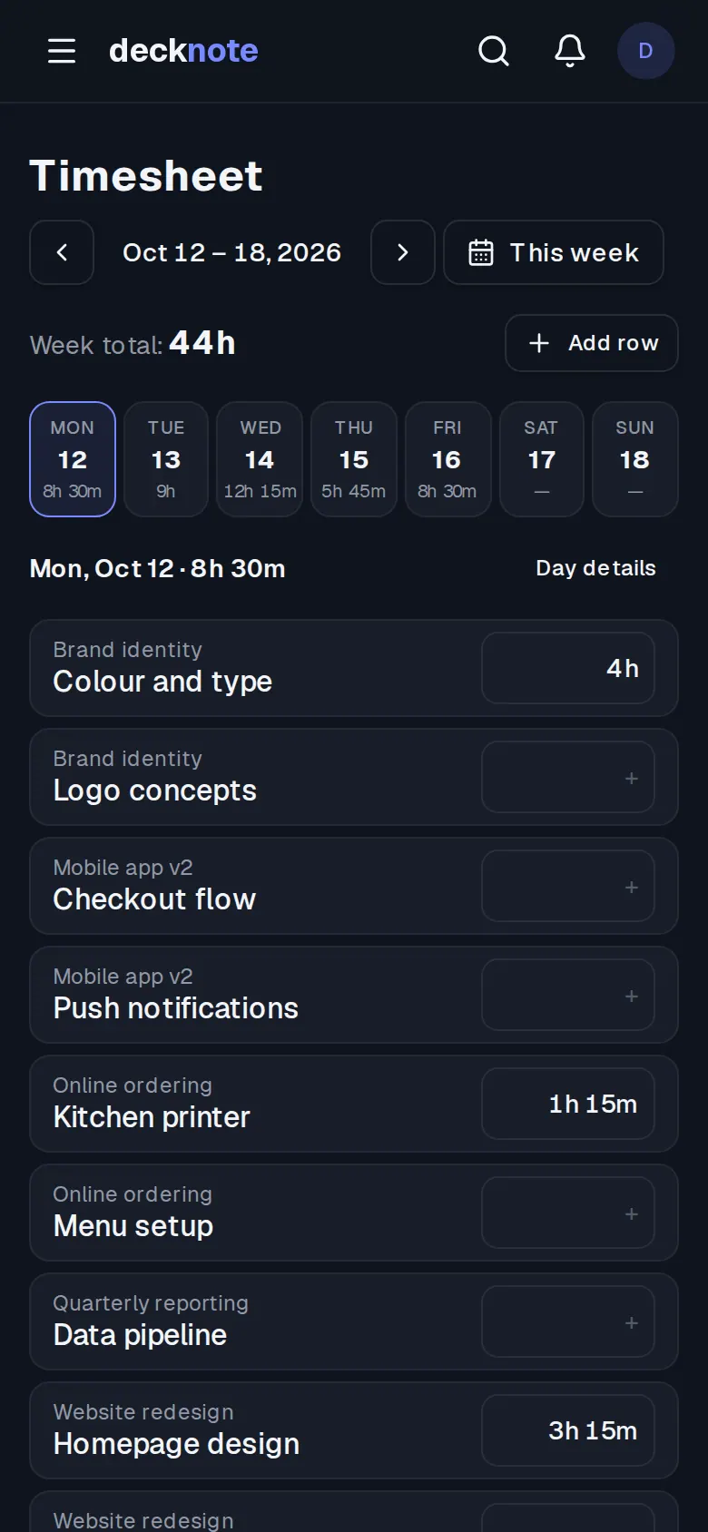 The timesheet on a phone: a strip of seven days and the hours of the selected day